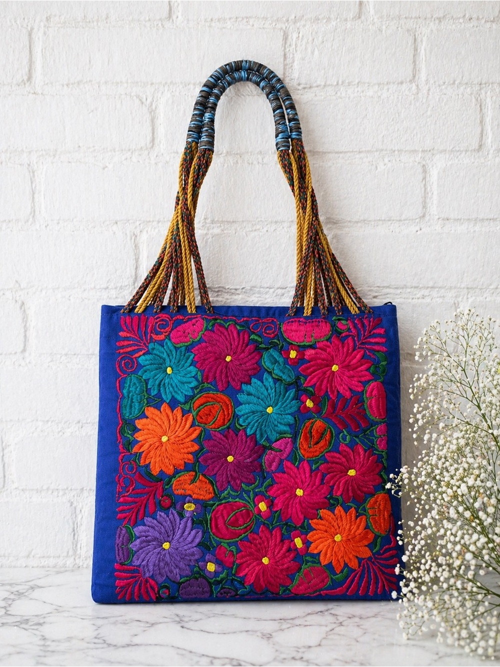 Embroidered Floral Tote Bag Boho Mexican Artisan Zip Top